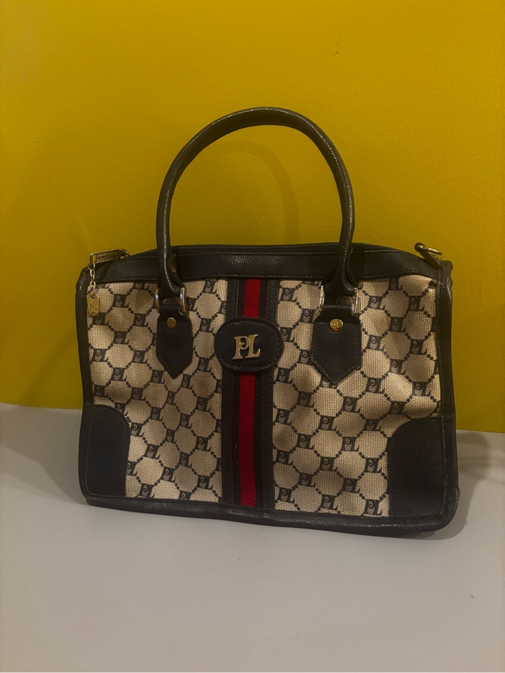Tote Bag in Beige and olive green with Red Stripe0502